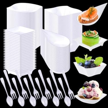 Imagem de Tessco Conjunto de 400 mini pratos de sobremesa, incluindo 200 pratos descartáveis de aperitivo de forma variada, 100 mini garfos de plástico, 100 colheres de plástico para festa de aniversário