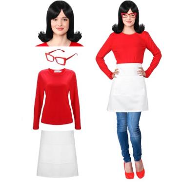 Imagem de 4 peças de fantasia de Halloween para mulheres, inclui peruca preta, camisa de manga comprida, óculos de gato vermelho, meio avental branco para Halloween, como mostra a imagem, Large