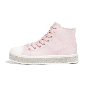 Imagem de LUCKY STEP Tênis feminino de lona de cano alto com strass lateral com zíper na moda, casual, plataforma, cano baixo, sapatos de lona, rosa, 36