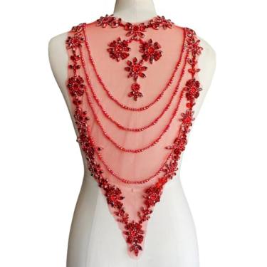 Imagem de Aplique de renda de strass feito à mão, costura, contas brilhantes, apliques de franja de cristal para roupas de vestido acessórios traseiros 25 x 53 cm (vermelho)
