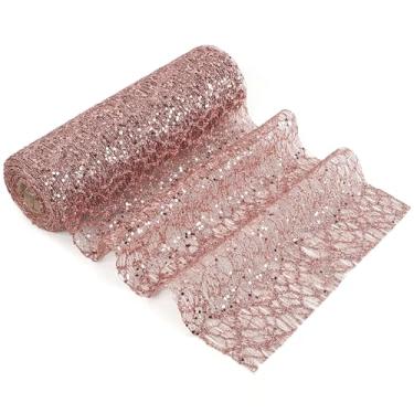 Imagem de MEEDEE Fita de malha de ouro rosa com glitter, 25 cm de largura por 10 metros, rolo de tecido ouro rosa, fita de malha decorativa para árvore de Natal, guirlanda, grinaldas de férias, laços, decoração