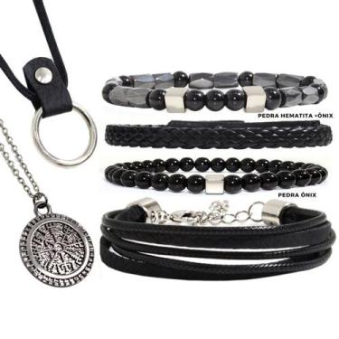 Imagem de Kit C/04 Pulseiras Masculina Pedras Naturais Hematita Ônix + Colares C