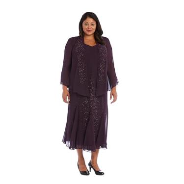 Imagem de R&M Richards Vestido e jaqueta estilo blusão de chiffon elegante com contas até o meio da panturrilha plus size, Berinjela, 26 Plus
