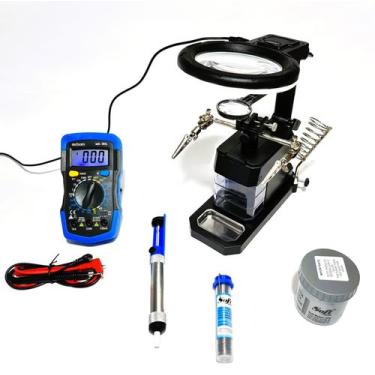 Imagem de Kit lupa profissional com garra  multimetro digital  estanho pasta sug