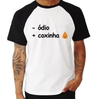 Imagem de Camiseta Raglan Menos ódio, Mais coxinha - Foca na Moda, Branco, Preto