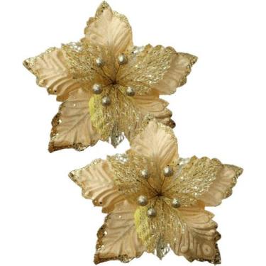 Imagem de Kit 4 Flores Artificial Glitter Dourado Enfeite Natal 25cm - Genérico