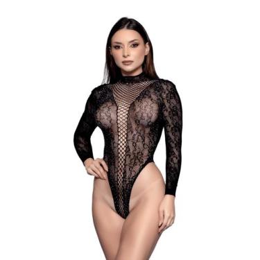 Imagem de Body Feminino Macio Cavado Decote Transparente Arrastão - Yaffa, Preto