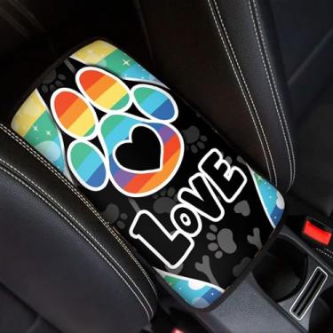Imagem de UNICEU Capa universal para apoio de braço de cachorro pata de carro listras coloridas amor patas de cachorro console central automotivo almofada de apoio de braço antiderrapante capa de assento