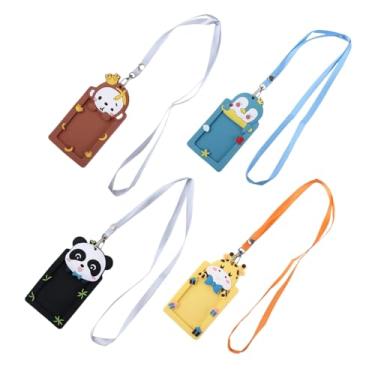 Imagem de 4 peças de suporte de crachá de identificação de silicone com corda, capa protetora de cartão de trabalho para pendurar no pescoço em forma de animal fofo capa protetora de cartão de identificação de