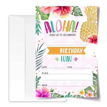 Imagem de Cartões de convite de aniversário havaianos Aloha Luau com envelopes pacote de 20 (10 x 15 cm), convites de festa para meninos, meninas, crianças, adolescentes, Aloha It's A Luau, decoração e