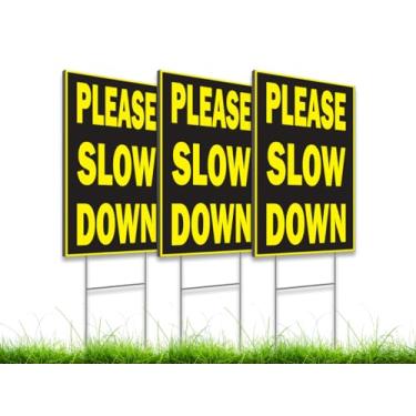 Imagem de 3X Placa dupla face, 20 x 30 cm, "Please Slow Down" para brincar com crianças na rua - Sinalização de trânsito com estacas - Placa de estrada lenta para bairros - Placas de limite de velocidade -