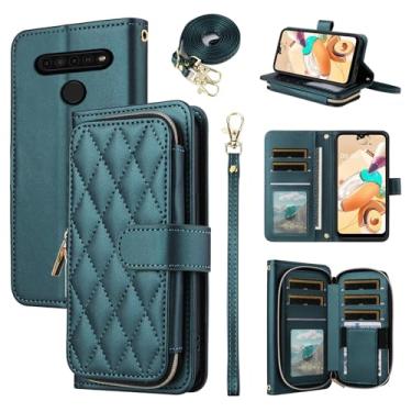 Imagem de Furiet Argyle Capa carteira para LG K61/Q61/K51S/K41S com alça de pulso alça de ombro 9+ compartimento para cartão bolsa com zíper bolsa de luxo couro PU suporte capa de celular xadrez para K 61 51S