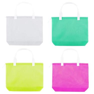 Imagem de hsmyank Pacote com 4 sacolas de praia de malha colorida, sacola de compras de malha com cordão para viagem, brinquedos, presente ou lavanderia.., Alça branca (2), Large