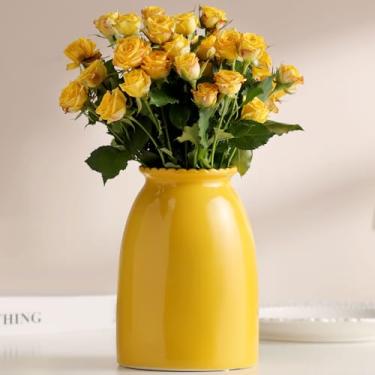Imagem de hjn Vaso de flor branco - Vaso de cerâmica para decoração, vaso de decoração para flores, vasos modernos para sala de estar/detalhes de decoração de casa/entrada/cornija/estante de livros - amarelo -