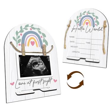 Imagem de Placa de madeira Hello World Baby Recém-nascido – Moldura de ultrassom com suporte – Placa de anúncio de bebê inacabada com impressão dupla face – Quadro de marcos de bebê e presente de gravidez