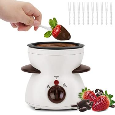 Imagem de Micnaron Panela de fondue de chocolate, mini panela elétrica de derretimento de chocolate, conjunto de fondue de aquecimento com 10 garfos e panela removível para festa, branca