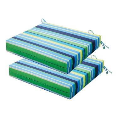 Imagem de HOMELYSIAN Conjunto de 2 almofadas de cadeira de jardim resistentes à água, 45 x 40 x 7 cm, almofadas de alta sustentação para móveis de pátio com laços antiderrapantes (risca azul e verde)
