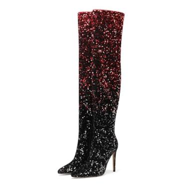 Imagem de UNWRBD Botas longas de lantejoulas gradientes de 11 cm de tamanho grande, botas de festa stiletto acima do joelho, bico fino, salto alto feminino, Vermelho, US5 EU35