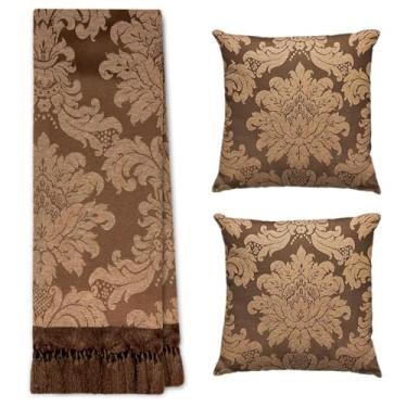 Imagem de Jogo Manta Xale para Sofá Artesanal com Franjas 1,40 x 1,80 com 2 Capas de almofadas (18 BEGE E MARROM CARAMELO)