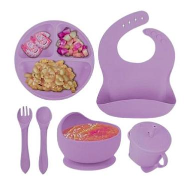 Imagem de Kit 6 Louças Refeição Bebê Silicone Colher Pratinho Babador Infantil V