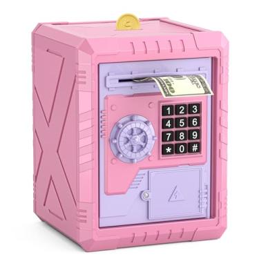 Imagem de Cofrinho eletrônico ATM com acesso por senha, código personalizável, rolo de notas automático e música - Caixa de economia de dinheiro divertida e segura para crianças e adultos (rosa)