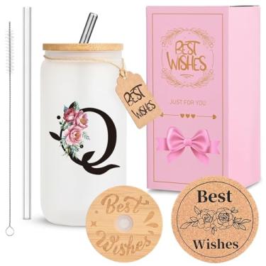Imagem de HWJH Copo de vidro inicial personalizado para mulheres - copo de vidro à prova de vazamento de 473 ml com tampa e canudos, conjunto de presente com monograma, copo reutilizável fosco fosco para café,