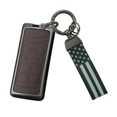 Imagem de HIBEYO Capa de chaveiro inteligente de 5 botões compatível com Trumpchi GS7 GS8 GM8 GS5 GA6 GM6 Capa protetora de chave de couro e acessórios de liga com chaveiros da bandeira dos EUA - tipo A marrom