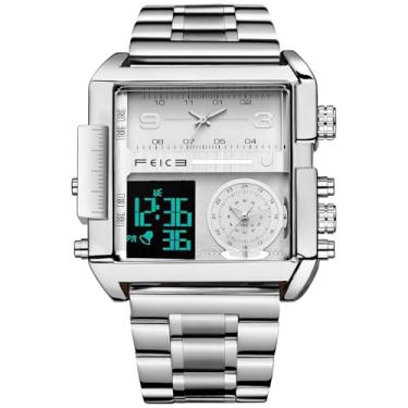 Imagem de FEICE Wathes Relógio de pulso masculino analógico digital LED quartzo relógio de negócios masculino multifunções cronógrafo quadrado 24H calendário pulseira de couro exclusiva FK030, Marrom, Retrô