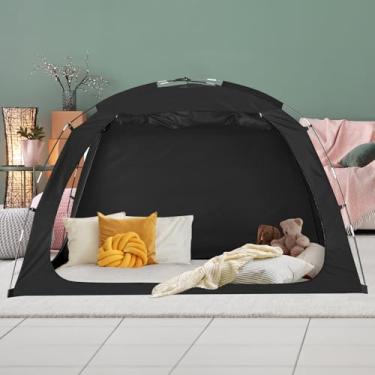 Imagem de EighteenTek Tenda para cama, cama de solteiro, tenda de dormir leve e portátil para uso interno, respirável, espaço de privacidade na cama com 2 portas para adultos e crianças, autismo (win, preto)