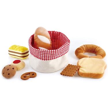 Imagem de Cesta de pão hape toddler Playset de comida de mentira macia para crianças, cesta de brinquedos de pão inclui torradas, biscoito de geleia, bolo, bisc
