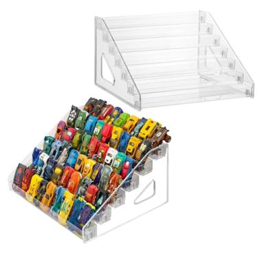 Imagem de Monciysn Pacote com 2 prateleiras de exibição de carros de brinquedo para Hot Wheels, transparente, 7 camadas, organizador de armazenamento de carros de brinquedo
