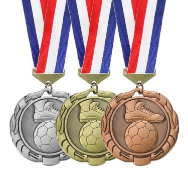 Imagem de PATIKIL Medalha de prêmio de 3 peças, troféu de medalhas de futebol de 7,6 cm com fita de pescoço liso Prêmios de lembrancinha de festa de futebol para competições de reuniões esportivas