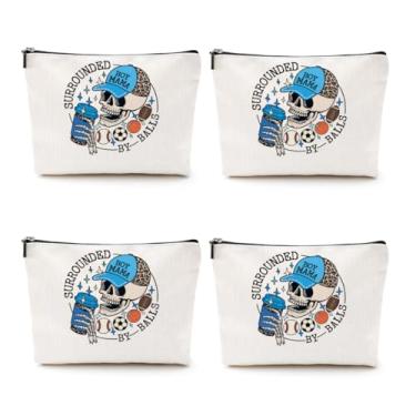 Imagem de CQM 4 bolsas de maquiagem de caveira cercada por bolas, bolsa de cosméticos de beisebol, futebol, basquete, futebol, esportes, mamãe, esqueleto, bolsa de higiene de viagem para mulheres, Multicolorido