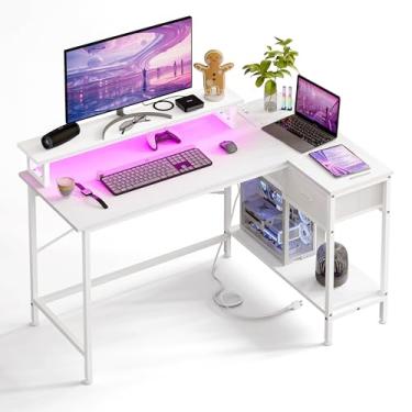 Imagem de Fixwal Mesa de jogos para quarto, mesa de computador de canto pequena em forma de L com tomadas elétricas e luzes LED, mesa de computador, mesa de escritório em casa com gaveta, mesa de estudo, branca