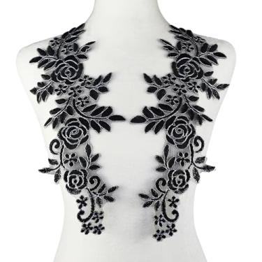 Imagem de Carytalee 1 par de apliques de flores de renda 3D costurados em fita de renda bordada aplique de vestido de casamento aplique de roupas faça você mesmo costura artesanato decoração suprimentos, preto