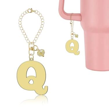 Imagem de Lukiisoo Corrente de garrafa de água dourada com pingente de cristal fofo, acessórios de pingente de letra para copo Stanley com alça, chaveiro inicial personalizado para carteira mochila e pingente