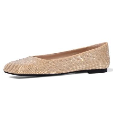Imagem de RONILURN Sapatilhas femininas strass bico quadrado glitter brilhante confortável vestido noiva sapatos de casamento feminino, Dourado, 36