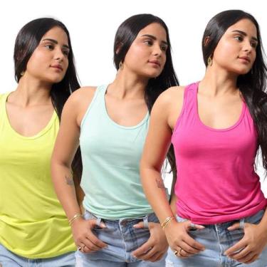 Imagem de Kit 3 Camisetas Regata Feminina tecido Viscolycra TechMalhas, Rosa azu