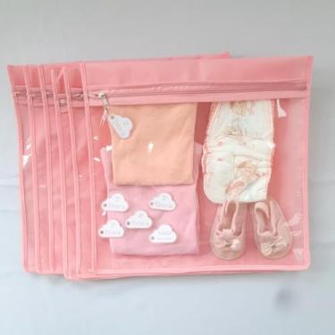 Imagem de Kit 6 saquinhos organizador de mala e saída maternidade 30X30+ Tag de identificação de troca - ROUPA LIMPA/ROUPA SUJA (Rosa)