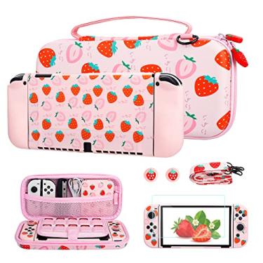 Imagem de FUNDIARY Estojo De Transporte Viagem Pink Strawberry Para Nintendo Switch Oled, Kit Acessórios Portáteis Com Bolsa Armazenamento À Prova Choque, Capa Protetora Tpu Macio, Protetor Tela, Alça Ombro E