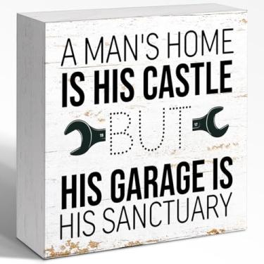 Imagem de WUZYOU Placa de mesa de madeira da caverna do homem, a man'S Home Is His Castle But His Garage Is His Sanctuary Wood Block Sign Wall Decoration, Guy Man Place Quote Decor For Home Bedroom Desk