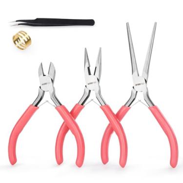 Imagem de WISEPRO Conjunto de mini alicates de 3 peças, kit de alicates de joias rosa com nariz agulha, nariz diagonal e longo, ferramenta de alicate pequeno para fazer joias, artesanato DIY, miçangas e reparo