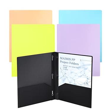 Imagem de Maimis Pastas de arquivo de plástico com bolsos – (pacote com 5, cores sortidas), pasta resistente com 3 furos e dois bolsos com bolsos, 3 garras Pastas de plástico colorido tamanho carta A4 pastas de plástico colorido para escola, escritório, casa