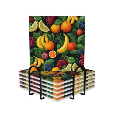 Imagem de Porta-copos para bebidas, conjunto de 6 porta-copos redondos absorventes de cerâmica antiderrapante com suporte e base de cortiça tapete reutilizável para copos de frutas maduras para tipos de xícara