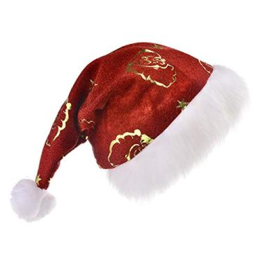 Imagem de allgala 4-PK Chapéu de Papai Noel de Veludo de Qualidade Premium Conforto Adulto com Punho Extra de Pelúcia e Pom-Pom - Estampas de Papai Noel Estampadas em Folha Dourada - XHAT93703