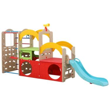 Imagem de UNICOO Parque Infantil 10 em 1, Playset de Ginásio Indoor com Escorregador, Parede de Escalada, Escada, Balanço, Basquete, Argolas