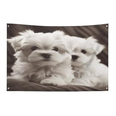 Imagem de Bandeira com quatro furos para todos os climas, bonito cachorrinho maltês, estampado, bandeira decorativa, bandeiras de poliéster adequadas para uso interno e externo 89 x 159 cm