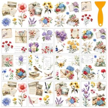 Imagem de AHANDMAKER 12 folhas de adesivos de transferência de flores com raspador, adesivos de flores retrô com cartão postal, relógio para livraria, sala de estudo, creche, decoração de janela, 14 x 14 cm