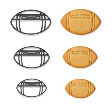 Imagem de Conjunto de cortador de biscoito e carimbo de futebol americano – 3 tamanhos (10 cm, 7,6 cm, 5 cm) – Molde esportivo para assar bolas traseiras e dia de jogo (cor aleatória)