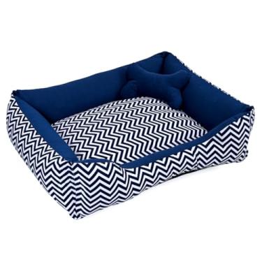 Imagem de Cama Caminha Pet para Cachorro ou Gato Médio 60cm x 47cm Lavável com Fundo Impermeável + Ossinho (Chevron Marinho)